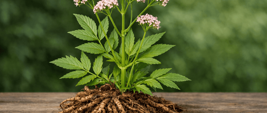 "Planta de valeriana com flores rosadas e raízes medicinais expostas sobre uma superfície de madeira