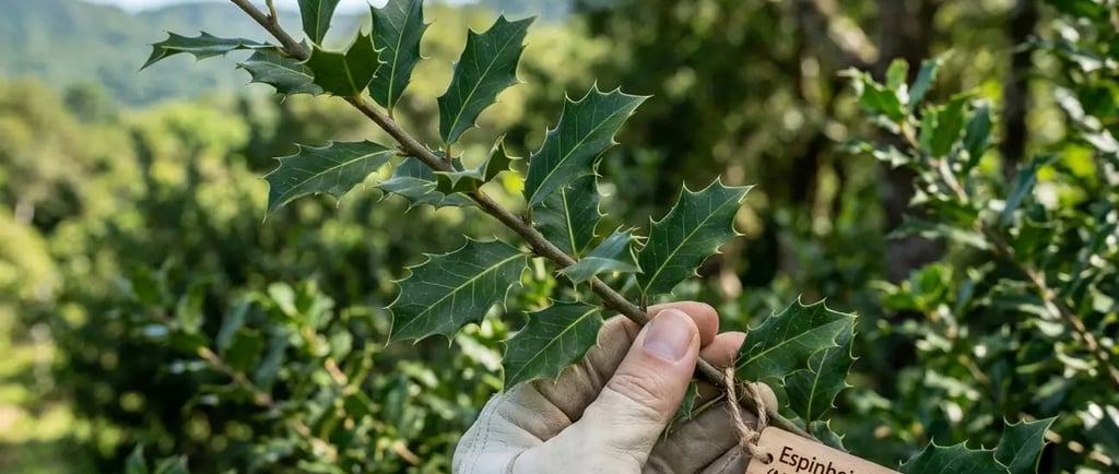 Uma mão com luva segura um ramo de espinheira-santa  com folhas verdes espinhosas.
