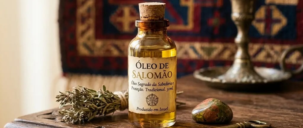 Um frasco de óleo de Salomão sobre uma mesa de madeira, com símbolos espirituais, uma chave e ervas 