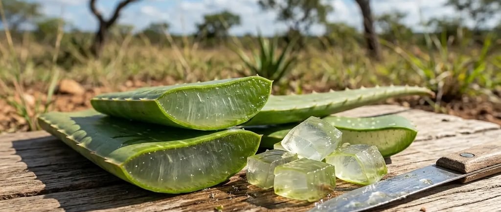 Fatias de folhas frescas de babosa (Aloe vera) e cubos de gel transparente sobre uma tábua rústica.