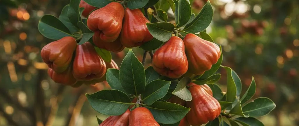Fotografia em close de galhos de uma árvore de Cambuci carregados de frutos verdes e maduros. Os fru