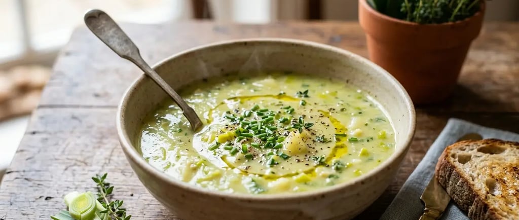 Sopa cremosa de batata e alho-poró em uma tigela de cerâmica rústica, guarnecida com cebolinha .
