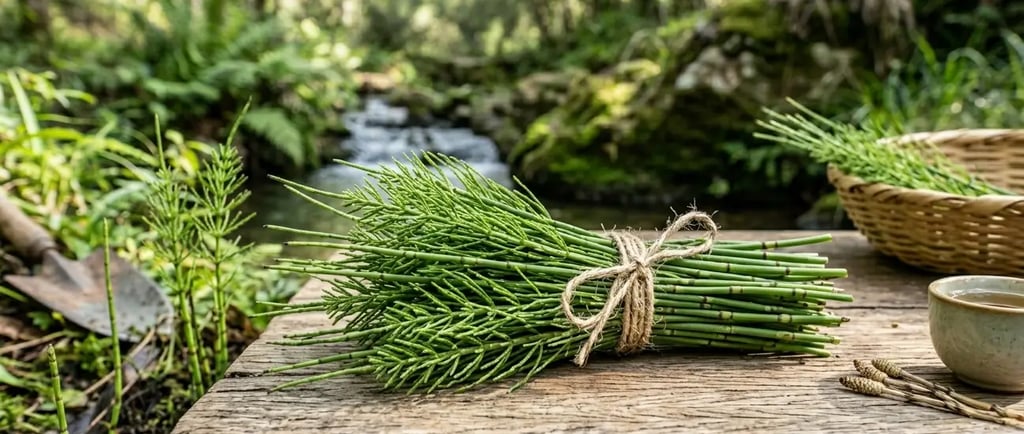 Feixe fresco de cavalinha amarrado com barbante sobre mesa de madeira rústica à beira de um riacho 