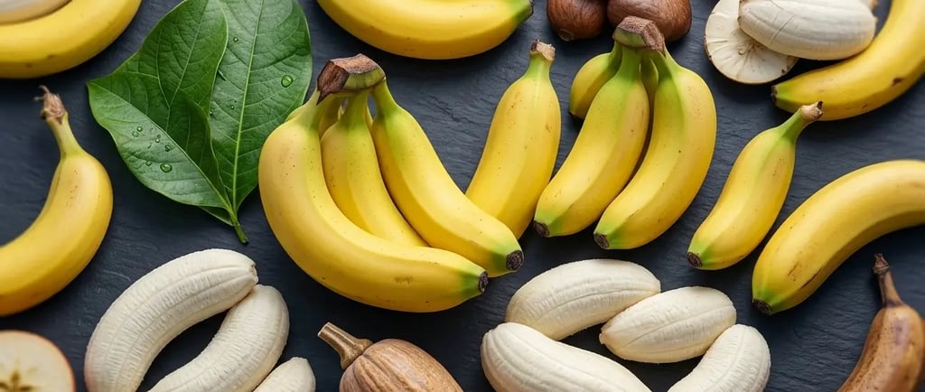 Bananas amarelas frescas e bananas descascadas sobre fundo escuro