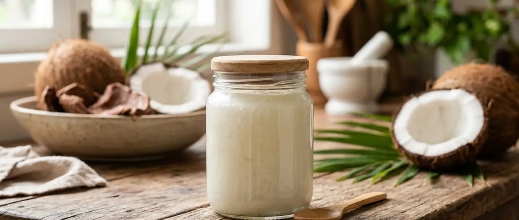 Óleo de coco orgânico em um pote de vidro sobre uma mesa de madeira, acompanhado de cocos cortados 