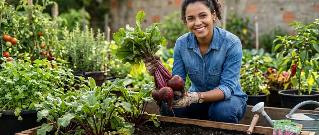 Uma mulher sorridente plantando beterrabas orgânicas em casa, em um canteiro elevado no quintal.