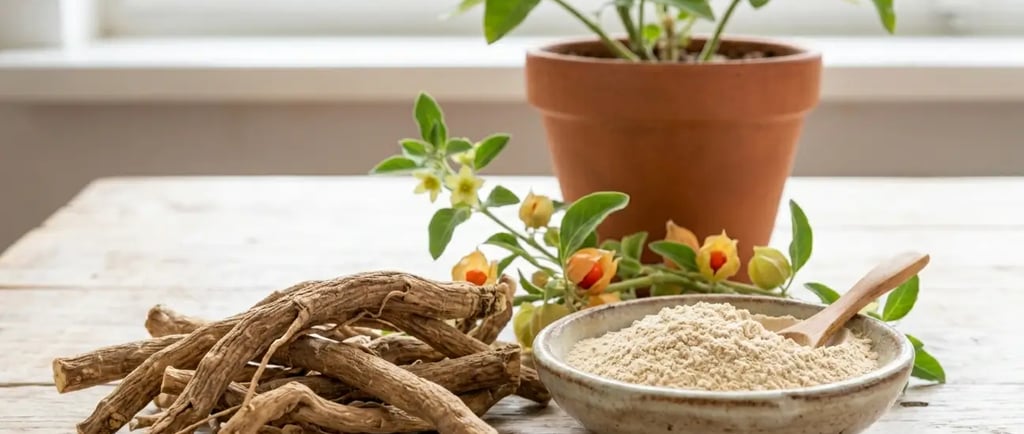 Raízes secas de ashwagandha e pó herbal orgânico em uma tigela sobre uma mesa de madeira.