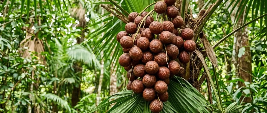 Grande cacho de frutos de aguaje (buriti) marrons e escamosos em uma palmeira da Amazônia.
