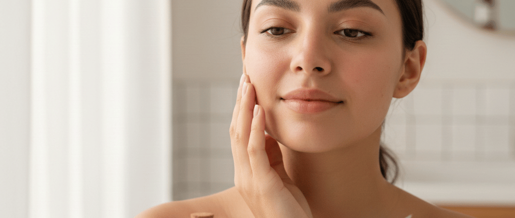 Mulher aplicando cuidados naturais no rosto com óleos e aloe vera.
