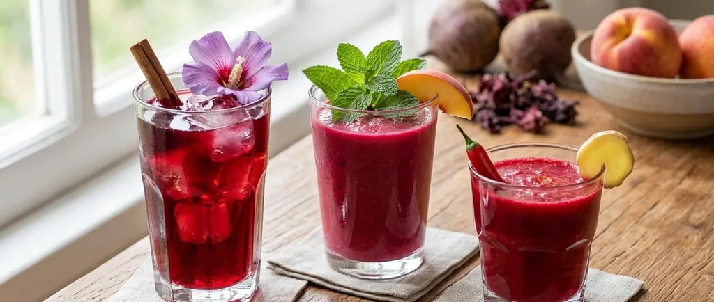 Três smoothies saudáveis de hibisco e beterraba, decorados com hortelã, gengibre e canela.