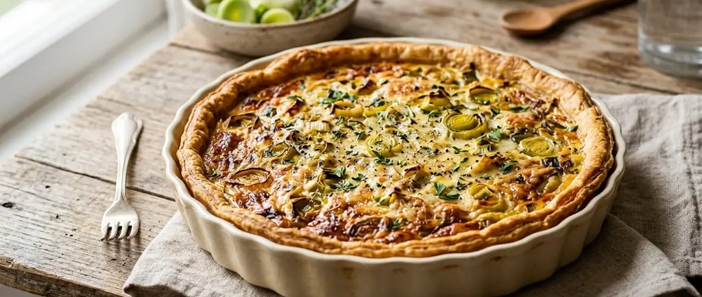 Quiche de alho-poró e queijo recém-assada em uma forma de cerâmica, sobre uma mesa rústica .