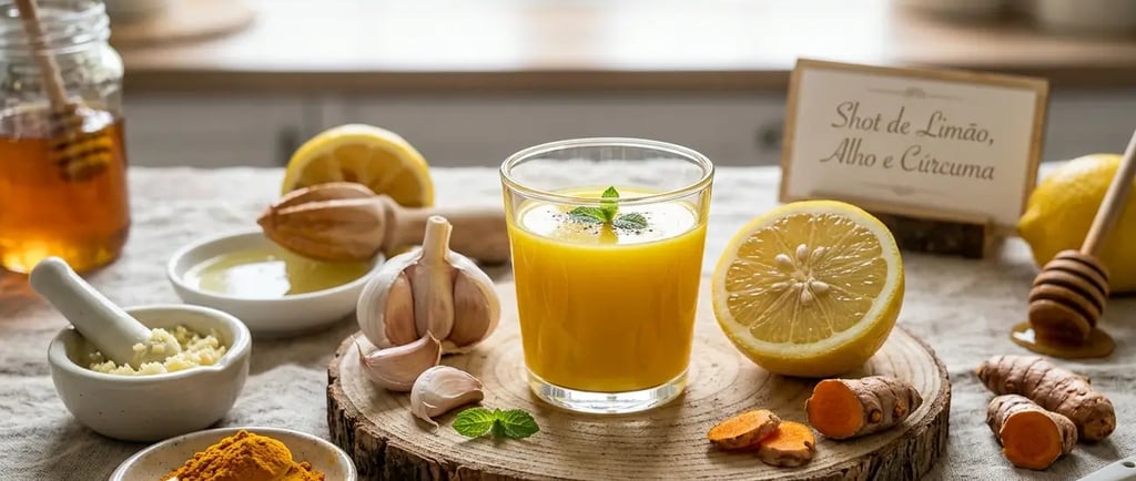limão com alho e cúrcuma em destaque sobre uma base de madeira, acompanhado de ingredientes naturais