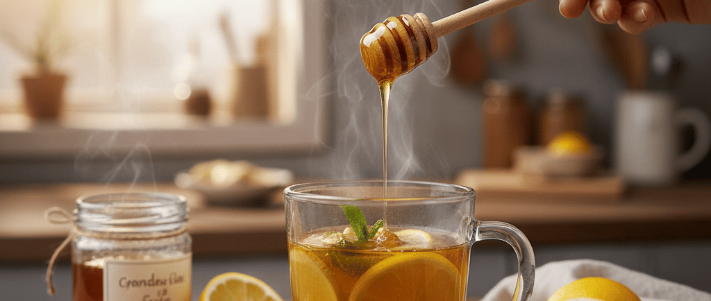 “Pessoa adicionando mel natural em uma xícara de chá de gengibre com limão.