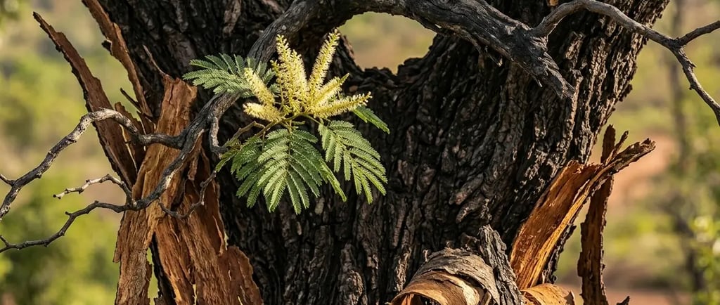 Close-up de flores amarelas do angico e folhas verdes florescendo em uma árvore com casca 