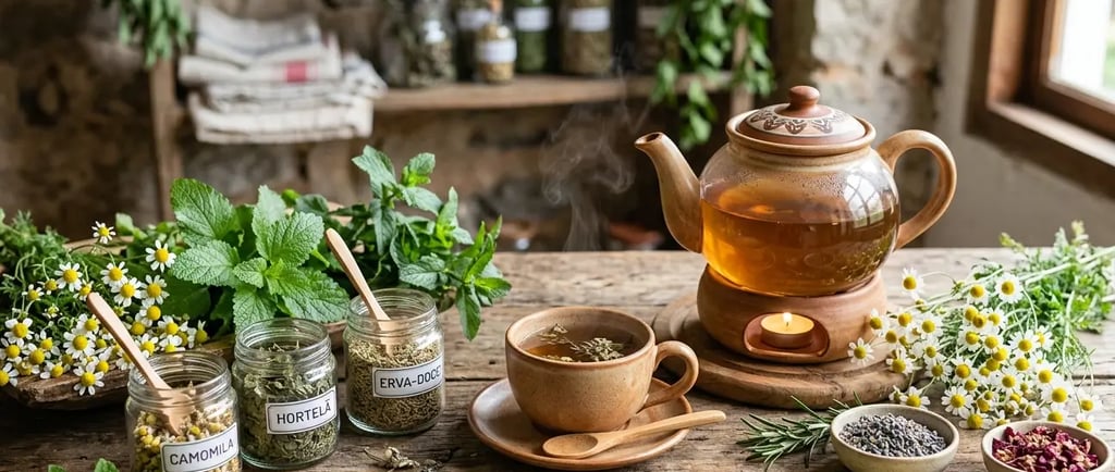 Mesa rústica de madeira com bule de vidro, xícara de chá de ervas e potes com camomila e folhas 
