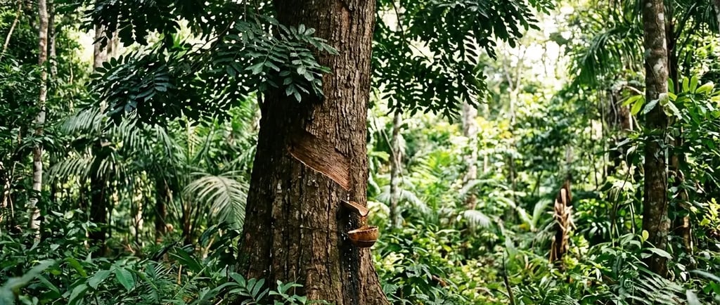 (Copaifera): uma copaíba em floresta tropical, com o tronco sendo perfurado para extração do óleo