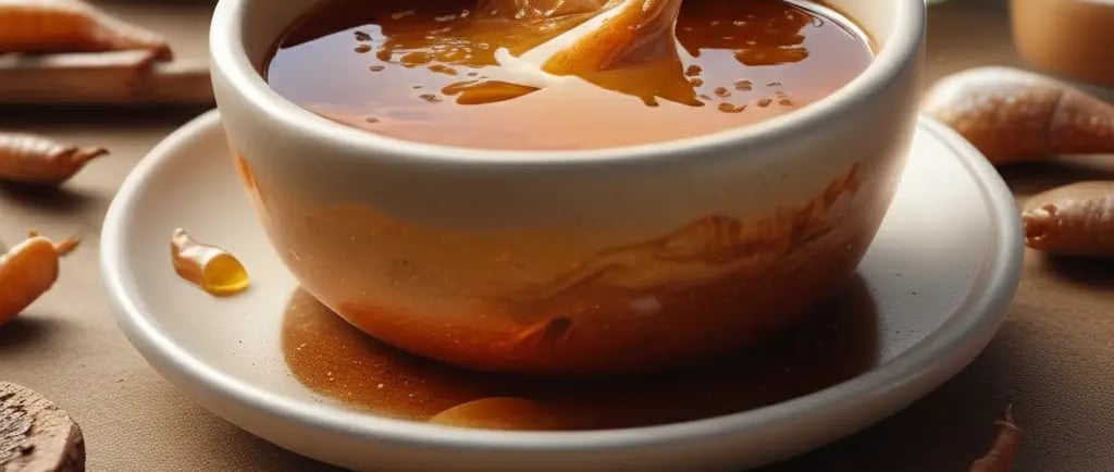 Tigela de sopa herbal tradicional com pés de galinha rica em colágeno, cercada por gengibre e ingred