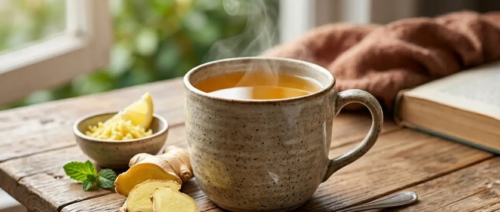 Caneca fumegante de chá de gengibre fresco com limão e mel sobre uma mesa de madeira rústica, perto