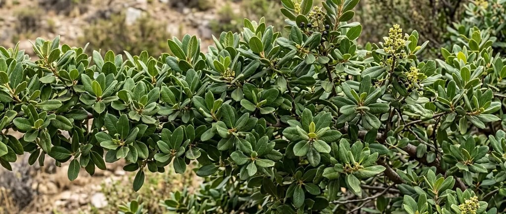 Planta de boldo: arbusto verde de folhas densas com pequenos botões de flores amarelas 