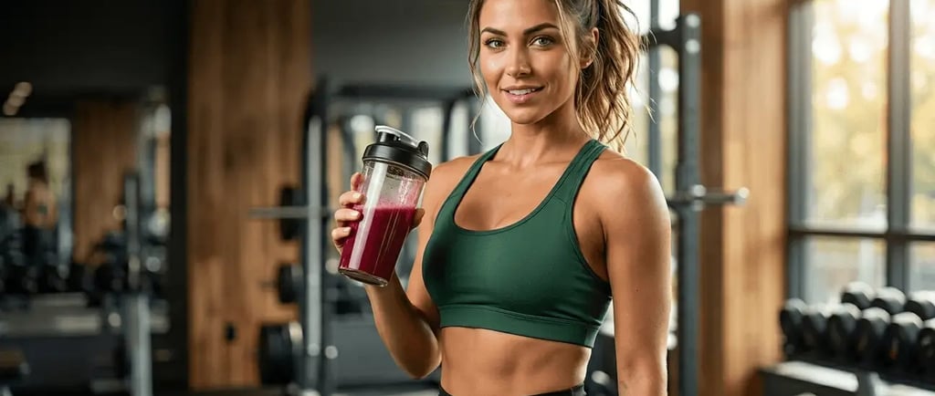 Uma mulher fitness usando top esportivo verde segurando um shake pré-treino em uma academia moderna.