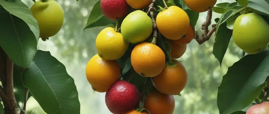 Frutos de gabiroba em tons de amarelo e alaranjado crescendo agrupados nos galhos de uma árvore com