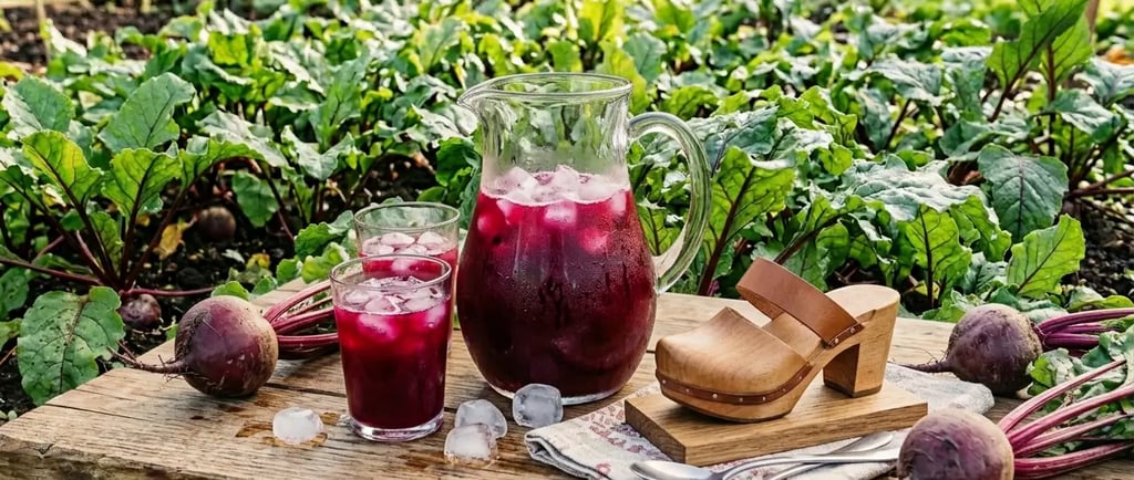 Suco de beterraba fresco em jarra e copos sobre mesa de madeira em jardim orgânico.