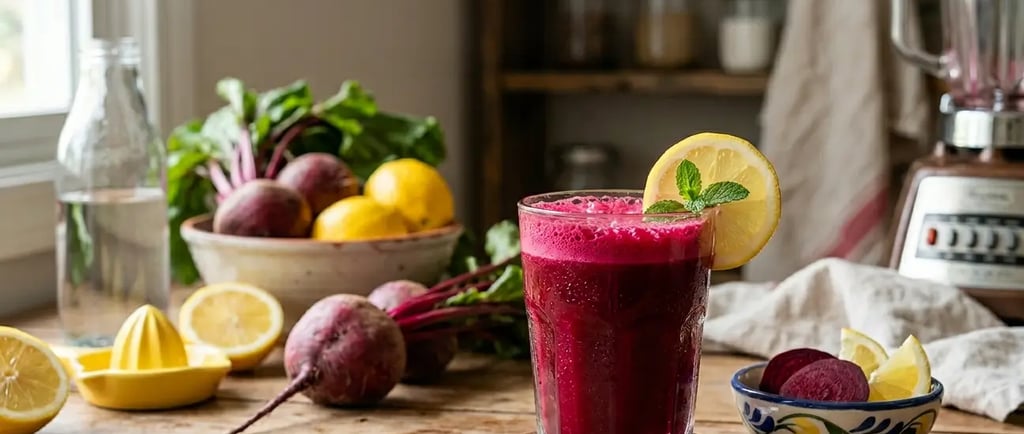 Suco de beterraba vermelha com limão, recém-batido, com hortelã em copo sobre mesa rústica .