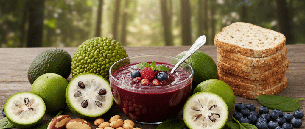 Tigela com creme de açaí sobre mesa de madeira, cercada por frutas brasileiras, oleaginosas e fatias