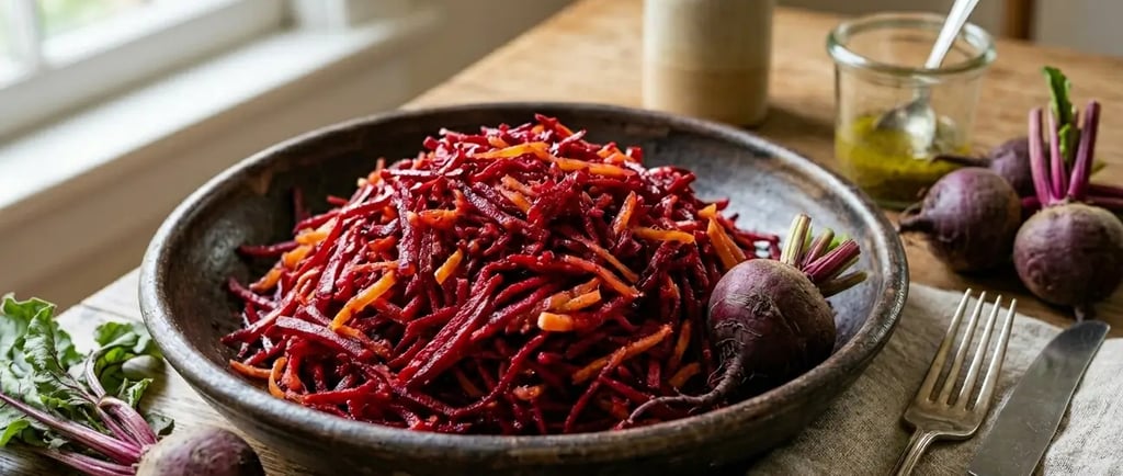 Salada de beterraba crua com cenoura ralada, receita saudável em tigela rústica