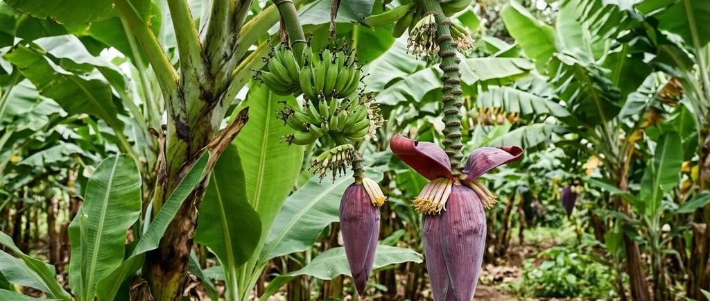 Um cacho de bananas verdes crescendo em uma árvore, com uma flor de banana roxa