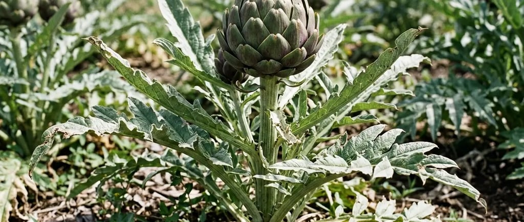 Alcachofra fresca da variedade Tupac crescendo em um campo agrícola, com folhas verdes