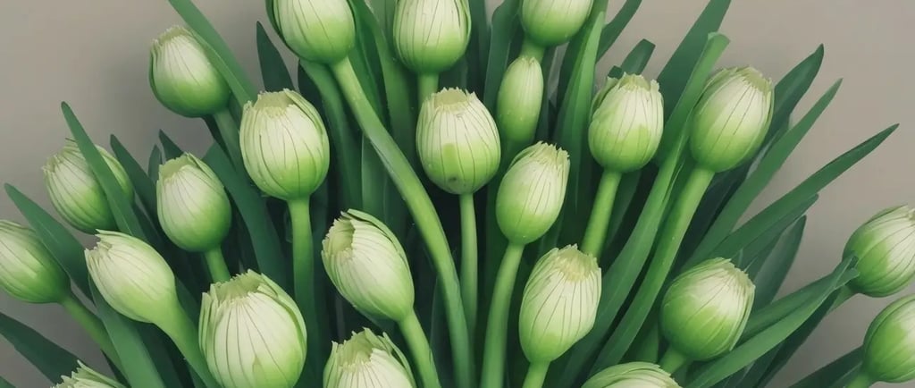 Um exuberante buquê de botões fechados de flores de alho-poró, com hastes e folhas verdes vibrantes.