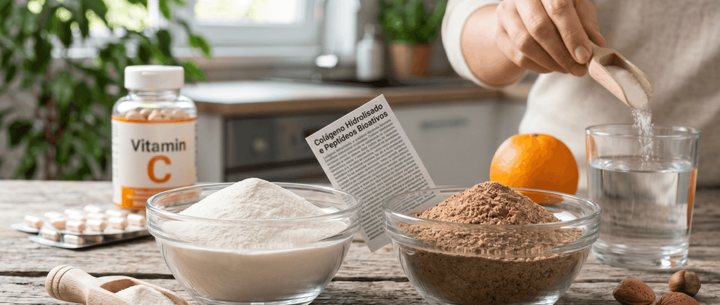 Pessoa adicionando colágeno hidrolisado em pó em um copo de água, ao lado de cápsulas de vitamina C 