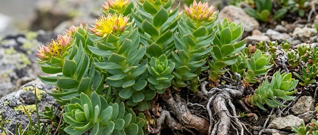 Flores amarelas de Rhodiola rosea desabrochando em uma encosta alpina rochosa, com folhas suculentas