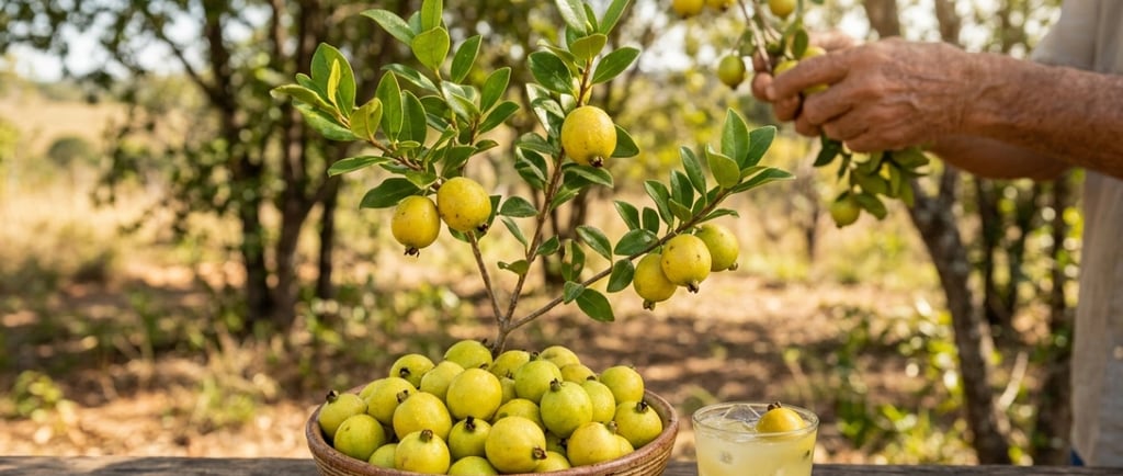 Gabirobas amarelas em tigela rústica ao lado de um copo de suco gelado sobre mesa de madeira.