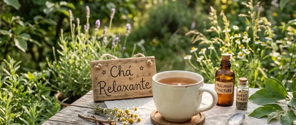 Chá de ervas relaxante com tintura de mulungu e ervas sobre uma mesa rústica no jardim.