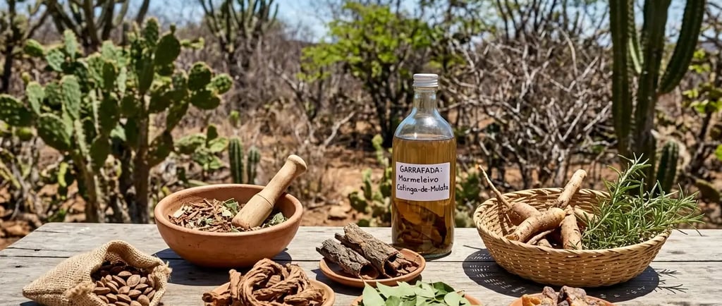 Garrafada tradicional da medicina natural brasileira com ervas do sertão e cactos.
