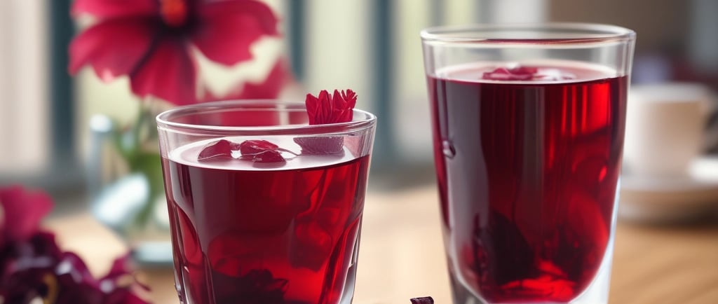 dois copos de chá de hibisco sobre uma mesa, com flor de hibisco ao fundo