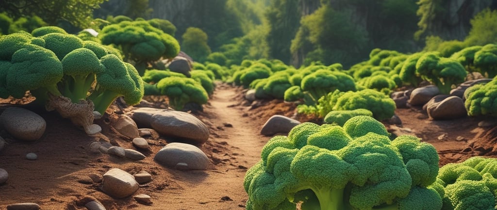 **Paisagem surreal com árvores gigantes de brócolis crescendo ao longo de um caminho de terra, em um