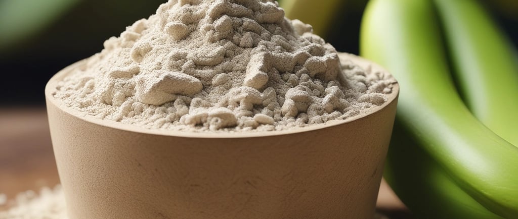 Farinha de banana verde em tigela com bananas verdes ao fundo