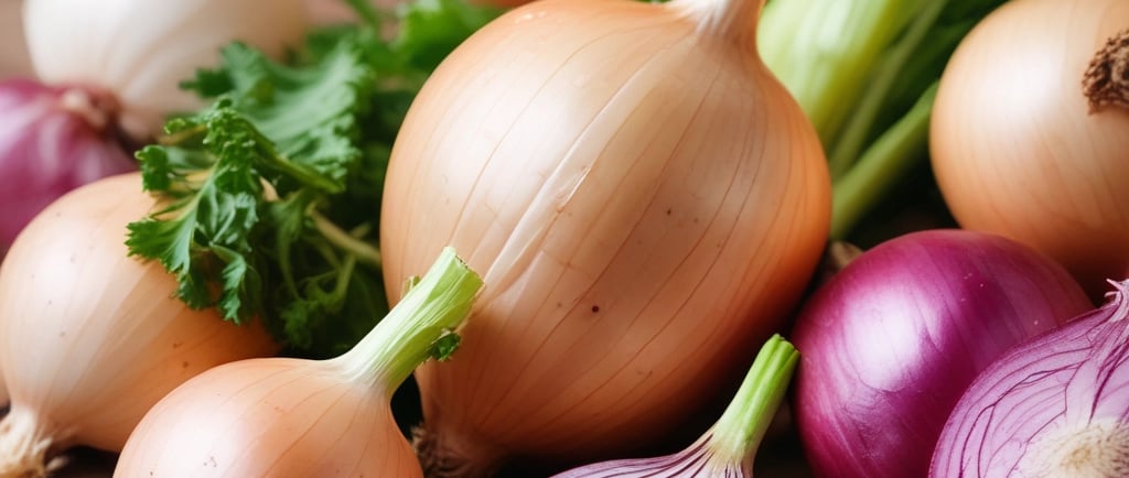 Cebolas amarelas frescas inteiras e cebolas roxas fatiadas com ervas verdes sobre uma mesa rústica d