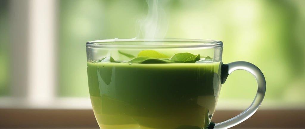 Xícara de chá verde quente com folhas naturais, em copo de vidro transparente, com vapor subindo e f