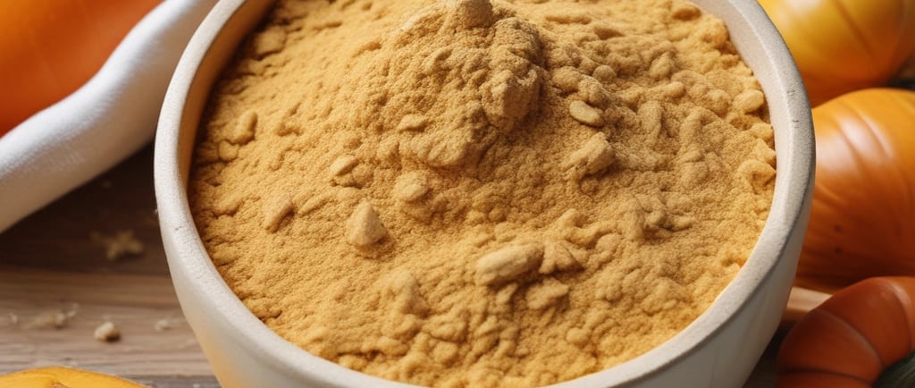 Uma tigela de cerâmica cheia de farinha de abóbora orgânica, cercada por abóboras frescas inteiras