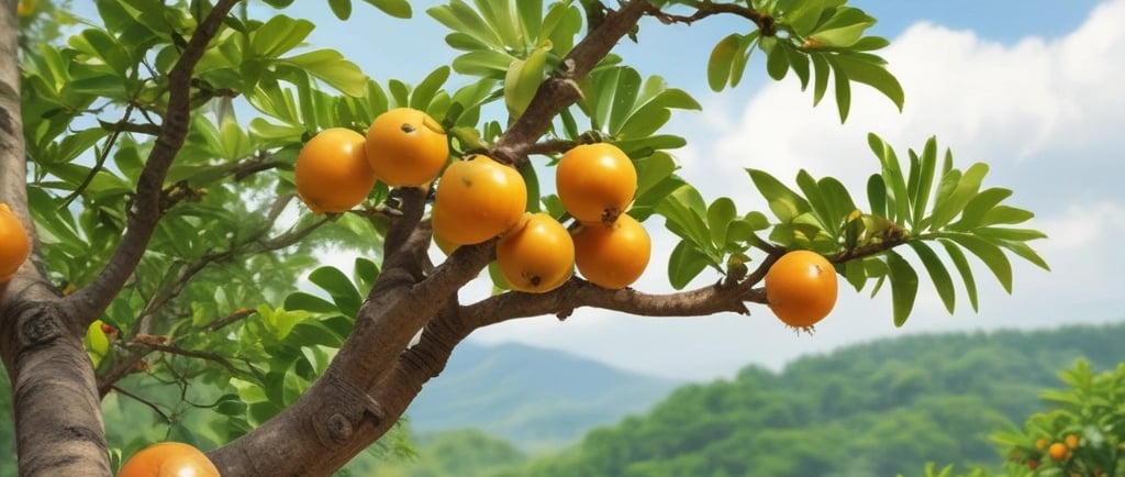 Camu-camu maduro em galhos frondosos, com frutos alaranjados em destaque e paisagem verde natural ao