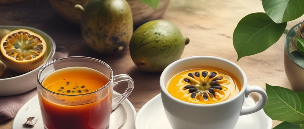 "Chá de maracujá quente e suco tropical servidos em xícaras sobre uma mesa de madeira com frutas exó