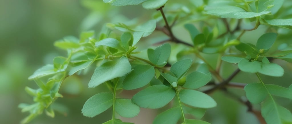 Close-up de folhas verdes vibrantes de arruda em um galho fino, com fundo desfocado