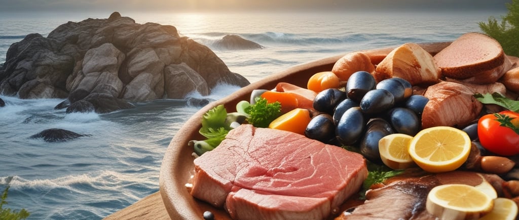 **Bifes crus frescos e alimentos mediterrâneos saudáveis dispostos em uma travessa, com vista para o