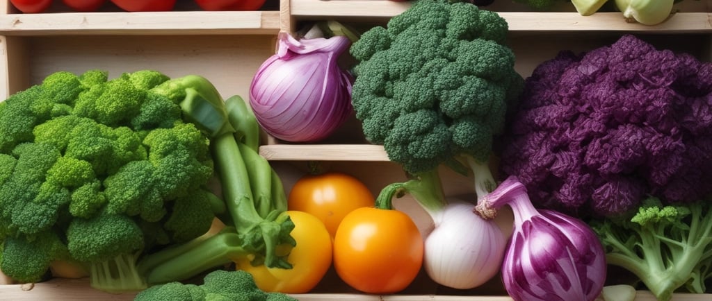 Caixote de madeira rústico cheio de brócolis orgânicos, cebolas roxas, tomates e pimentões.