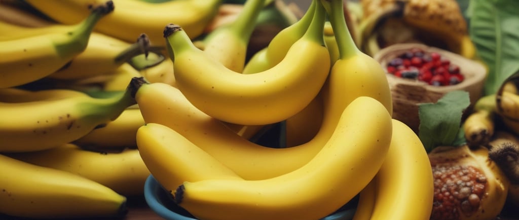Cacho de bananas amarelas maduras e frescas em uma tigela azul sobre uma mesa rústica de madeira, ac