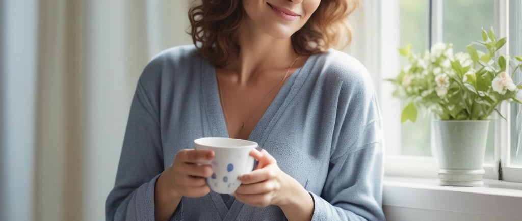 mulher sentada no parapeito de uma janela segurando uma xícara, em ambiente iluminado por luz natura